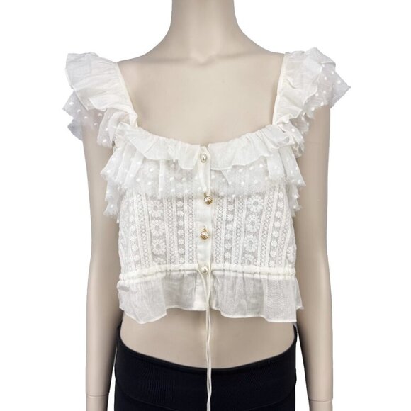 THE KOOPLES Feminine Embroidered Whiteโ Ruffled Crop Sheer Blouse Frilled Top S - Picture 1 of 14